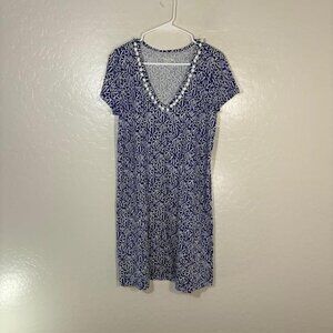 Lilly Pulitzer Dress Womens Medium Blue White Pima Cotton Print Pom Pom Trim